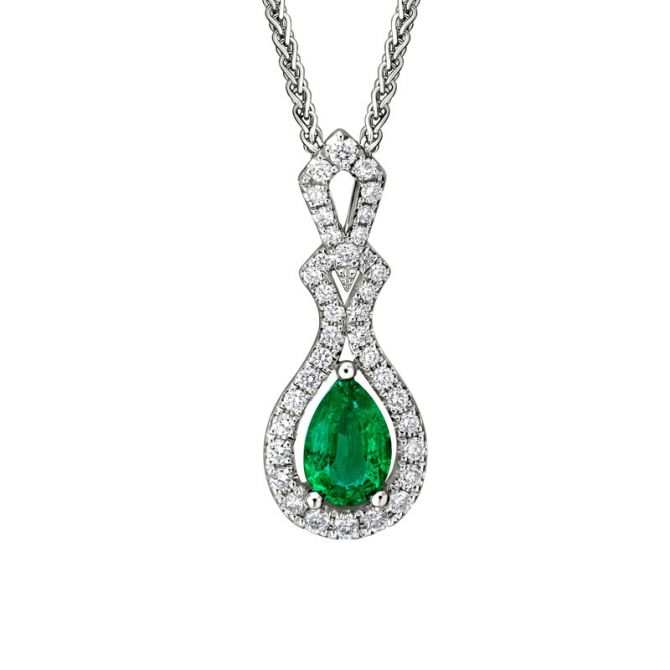 Pear Shaped Emerald & Diamond Embellished Halo Pendant in White Gold, 18"