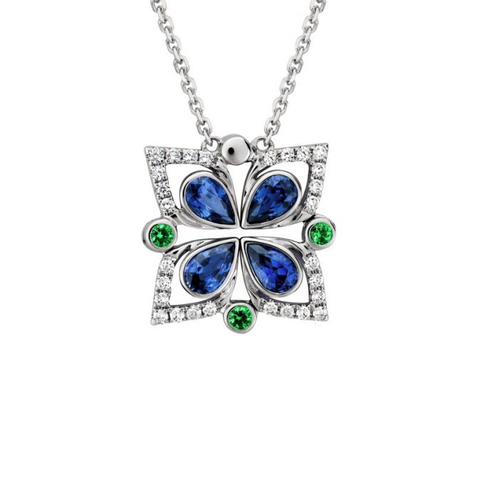 Sapphire, Green Garnet & Diamond Open 4 Pointed Floral Pattern Pendant in White Gold, 18"