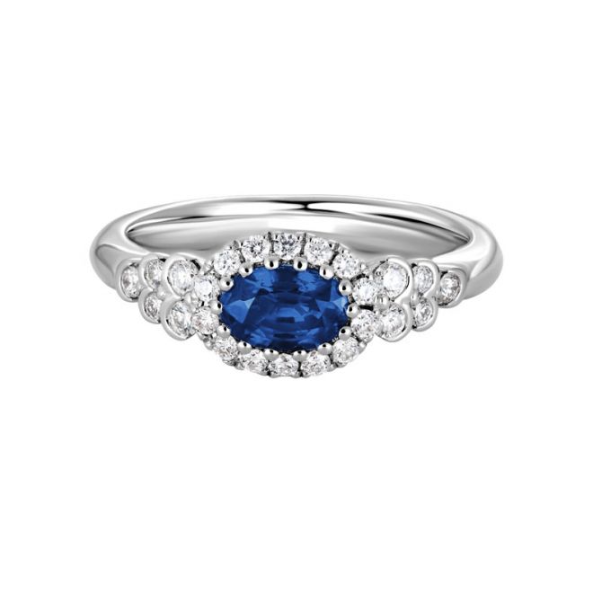 Oval Sapphire East West Ring with Diamond Halo & Side Stones in White Gold