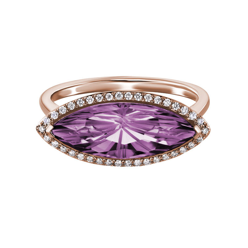 Marquise East-West Amethyst & Diamond Halo Cocktail Navette Ring in Rose Gold