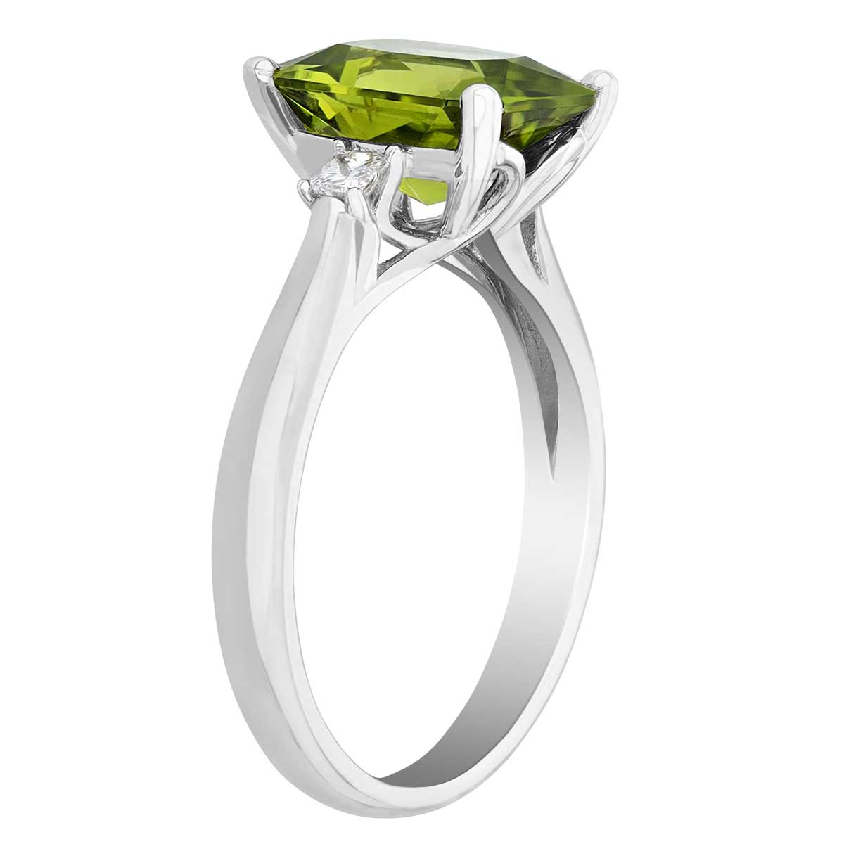 Emerald Cut Peridot & Diamond 3 Stone Ring in White Gold