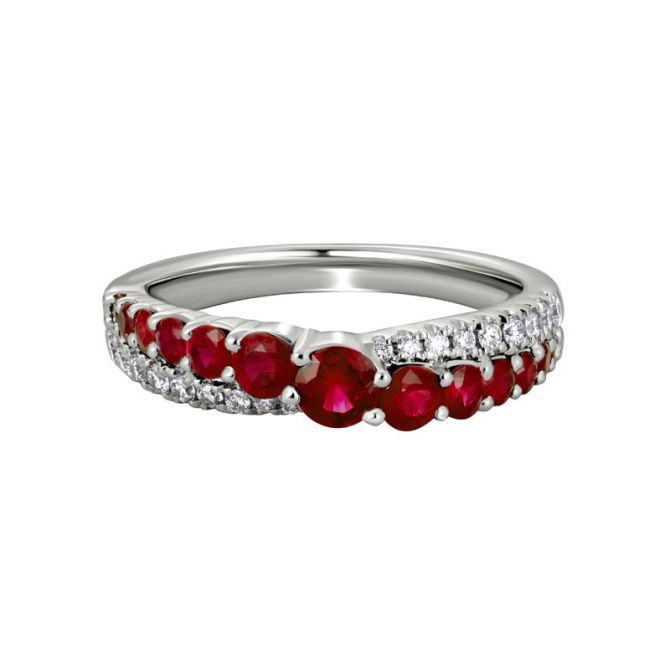 Ruby & Diamond Graduated 2 Row Crossover Ring in White Gold
