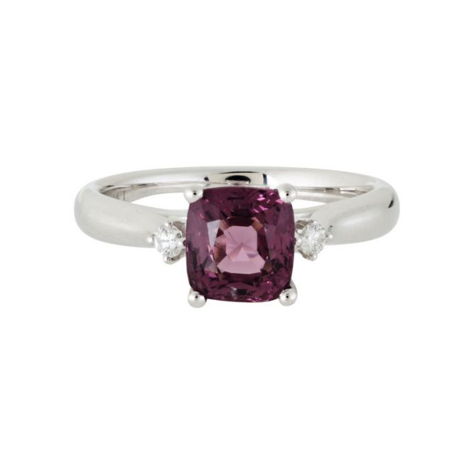 Cushion Purple Spinel Diamond 3 Stone Ring in White Gold Borsheims
