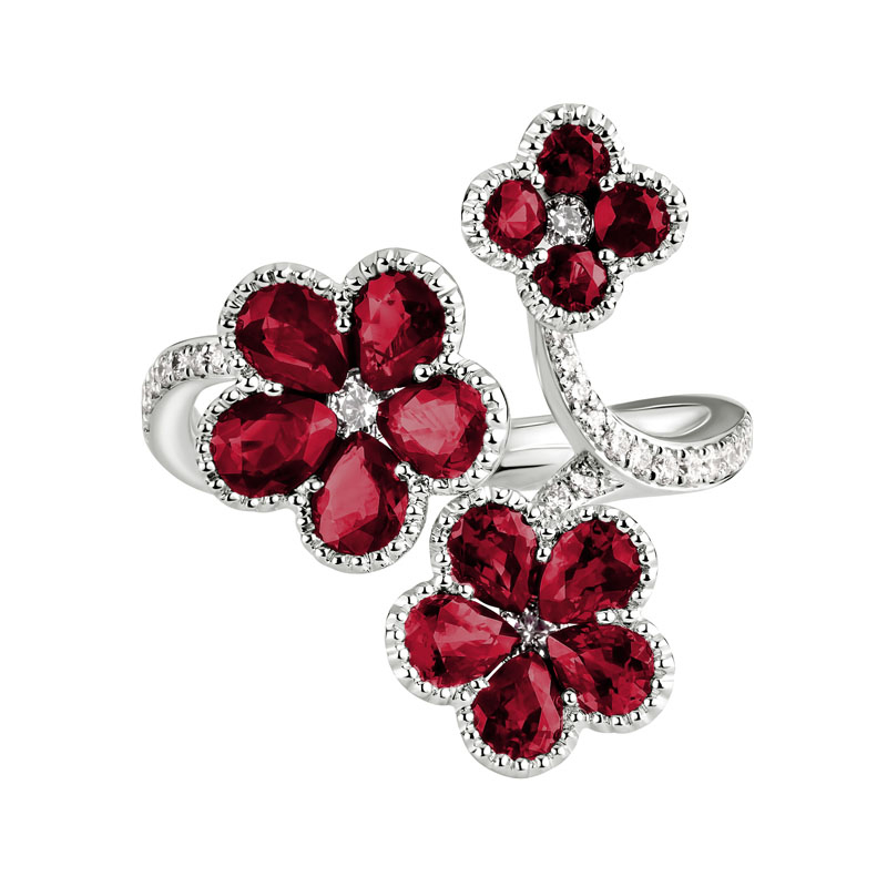 Ruby & Diamond 3 Flower Open Ring in White Gold