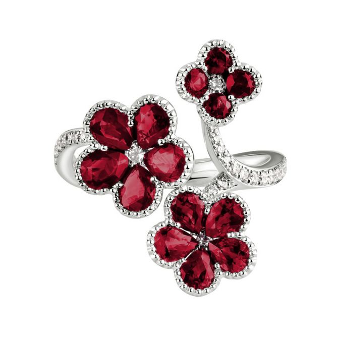 Ruby & Diamond 3 Flower Open Ring in White Gold