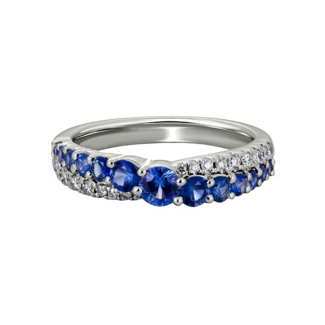 Sapphire & Diamond Graduated Criss Cross 2 Row Ring in White Gold