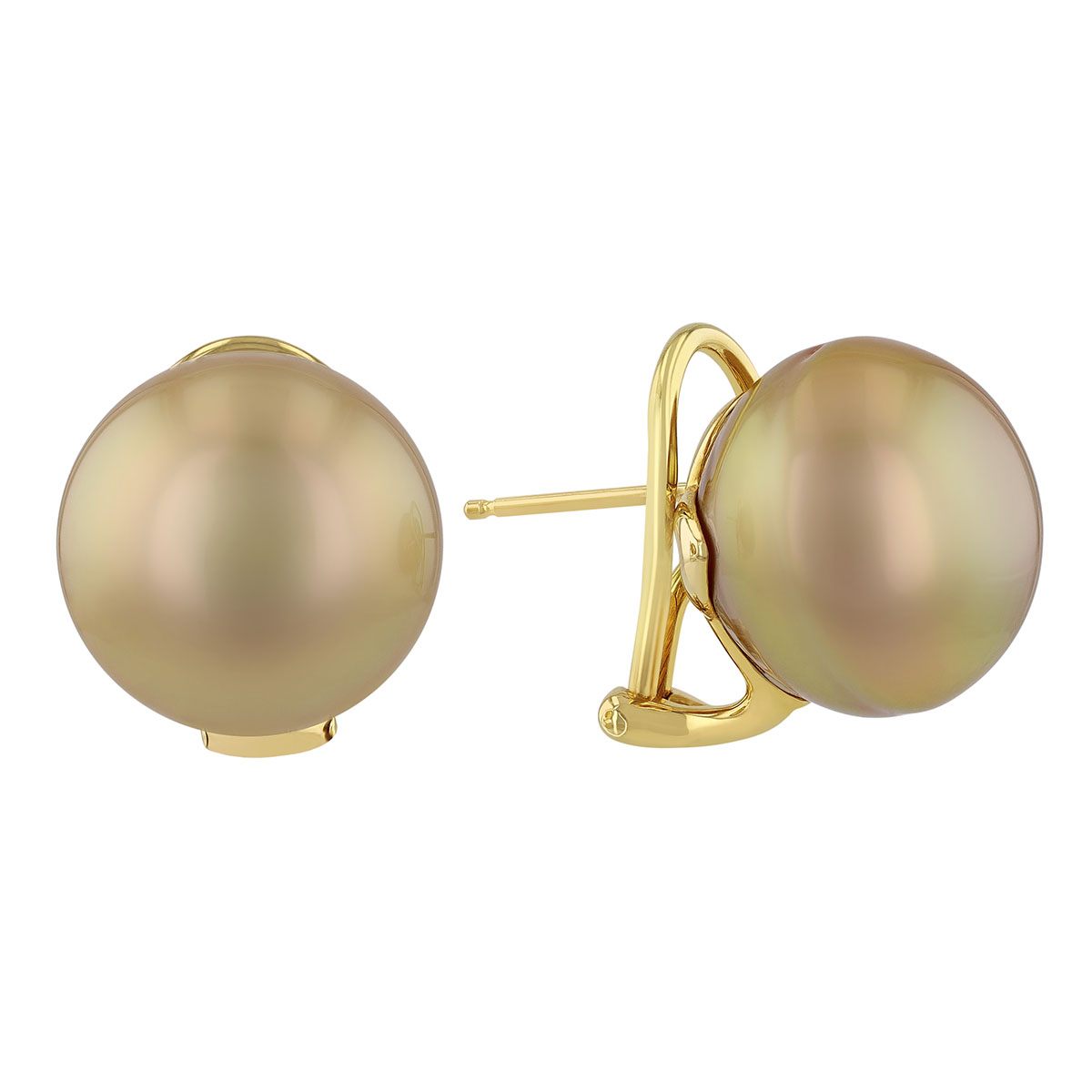 TARA Pearls Golden South Sea Cultured Pearl Omega Stud Earrings in Yellow Gold, 15x16 mm
