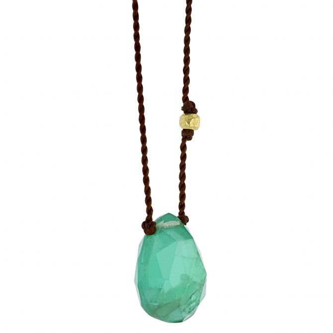 Margaret Solow Pear Shaped Emerald Cord Necklace in Yellow Gold, 16"