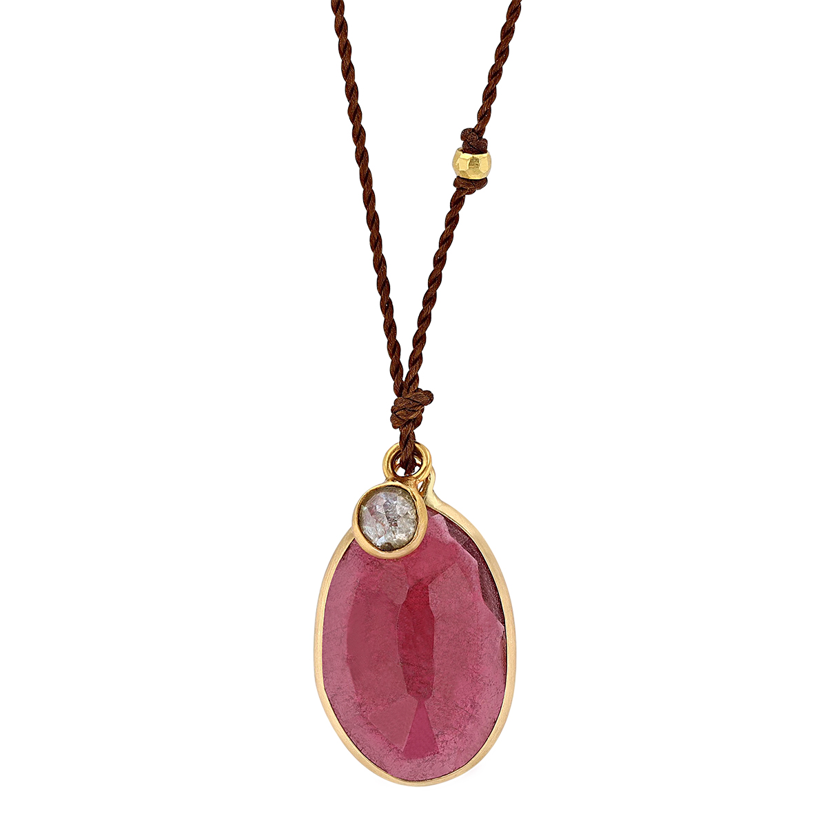 Margaret Solow Oval Tourmaline & Diamond Drop Cord Pendant in Yellow Gold, 16