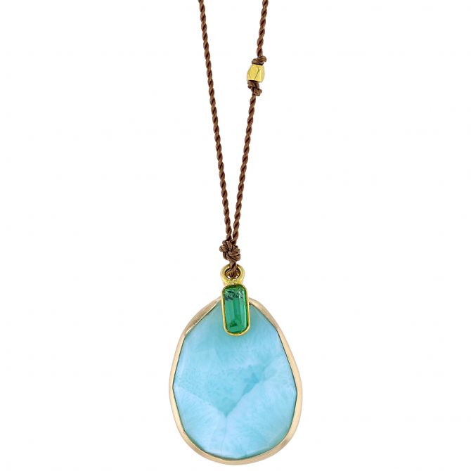Margaret Solow Amazonite & Emerald Double Drop Cord Pendant in Yellow Gold, 18"