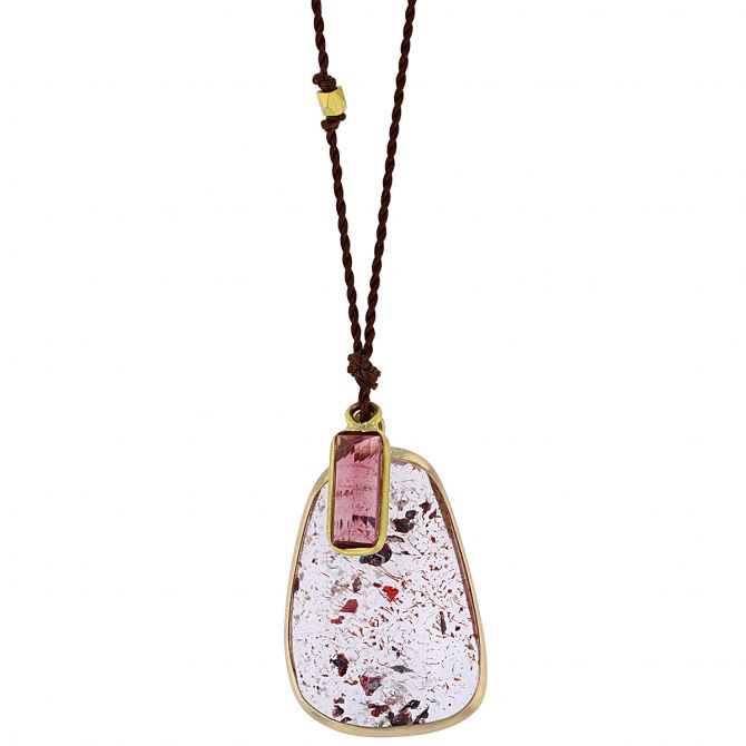 Margaret Solow Quartz & Tourmaline Double Drop Cord Pendant in Yellow Gold, 18"