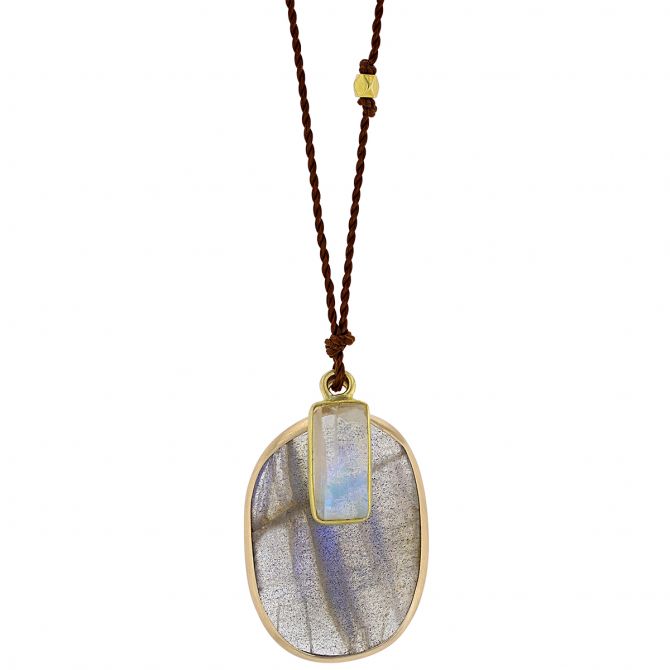 Margaret Solow Labradorite & Moonstone Charm Drop Cord Pendant in Yellow Gold, 18"