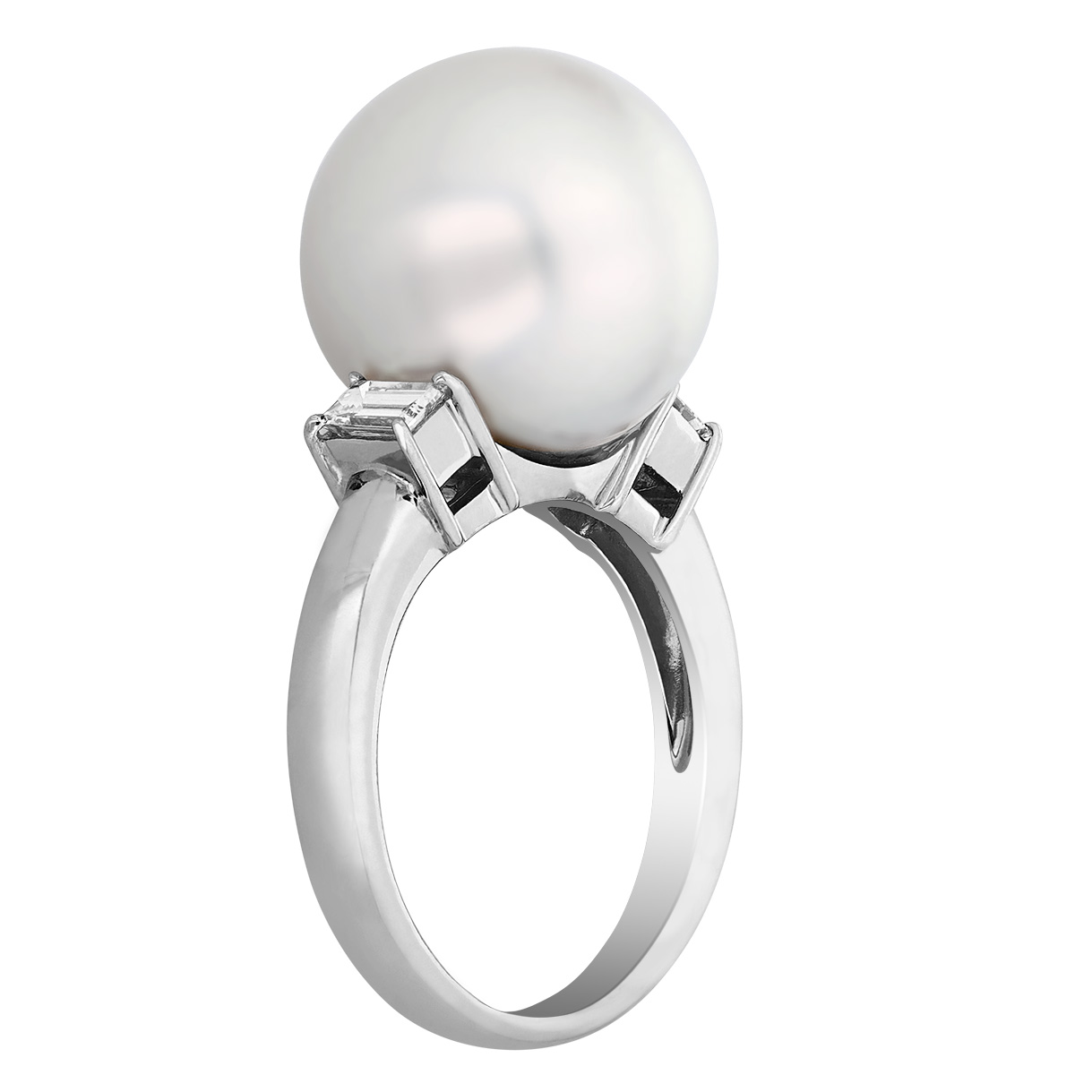 TARA Pearls White South Sea Cultured Pearl & Emerald Cut Diamond Ring in Platinum