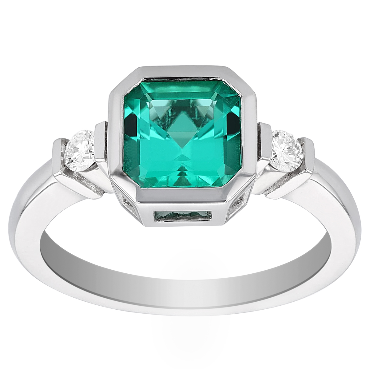 Asscher Cut Emerald & Diamond Side Stone Bezel Set Ring in White Gold