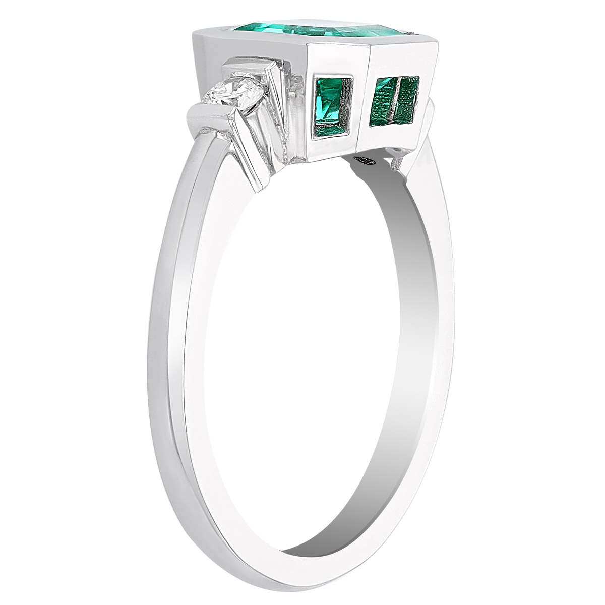 Asscher Cut Emerald & Diamond Side Stone Bezel Set Ring in White Gold