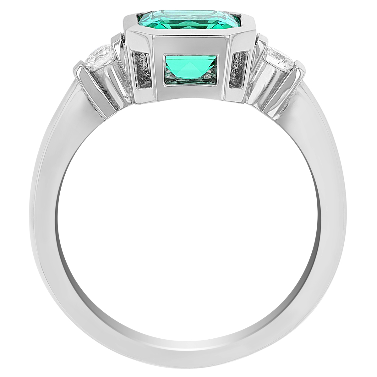 Asscher Cut Emerald & Diamond Side Stone Bezel Set Ring in White Gold