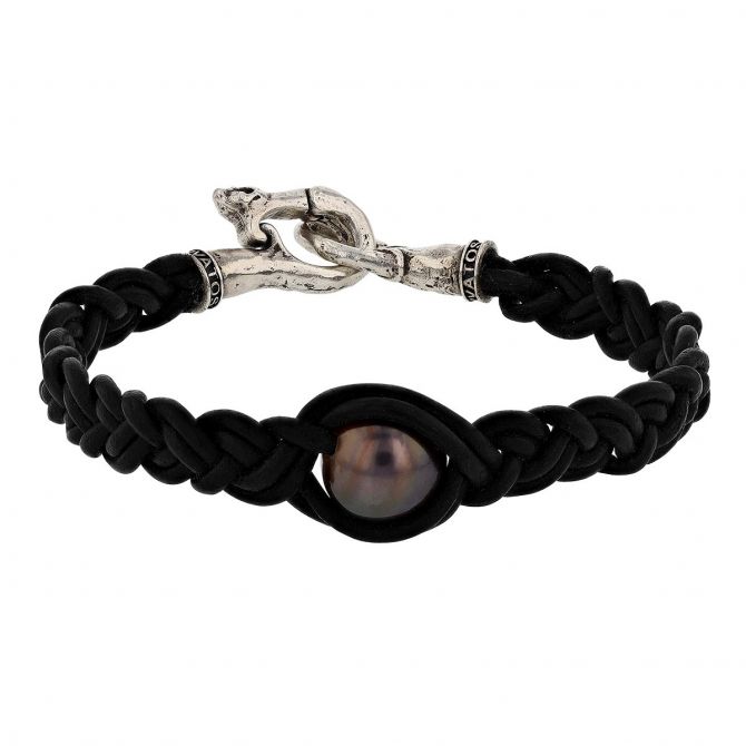 John Varvatos x GURHAN Braided Woven Bracelet with Pearl, Leather and Sterling Silver