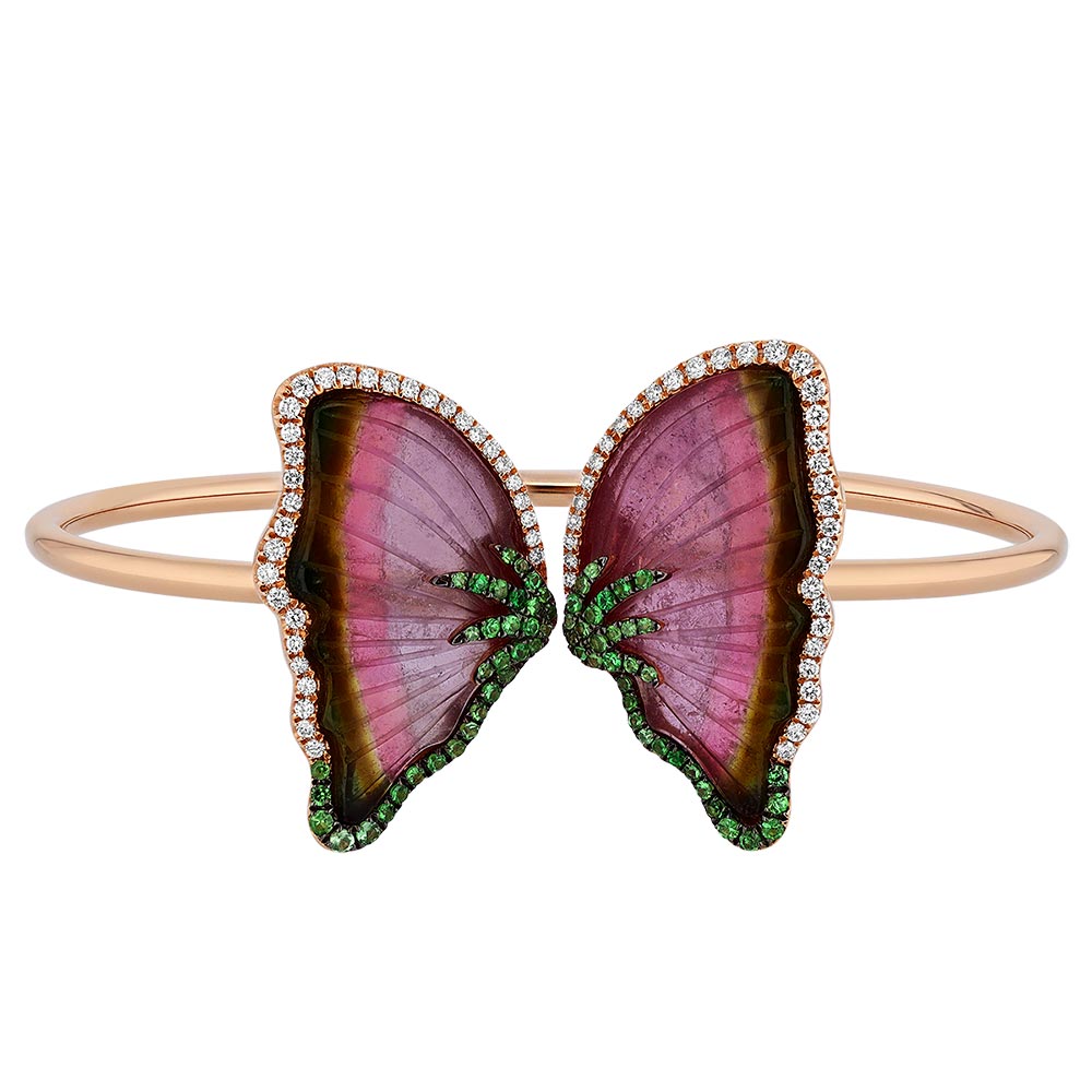 TARA Pearls Watermelon Tourmaline, Tsavorite Garnet, & Diamond Butterfly Cuff Bracelet in Rose Gold