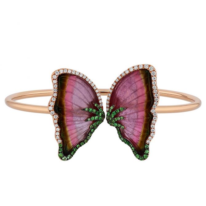 TARA Pearls Watermelon Tourmaline, Tsavorite Garnet, & Diamond Butterfly Cuff Bracelet in Rose Gold