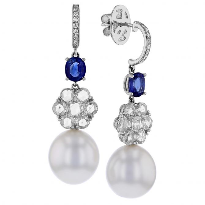 TARA Pearls South Sea Cultured Pearl, Sapphire & Diamond Flower Drop Earrings in White Gold