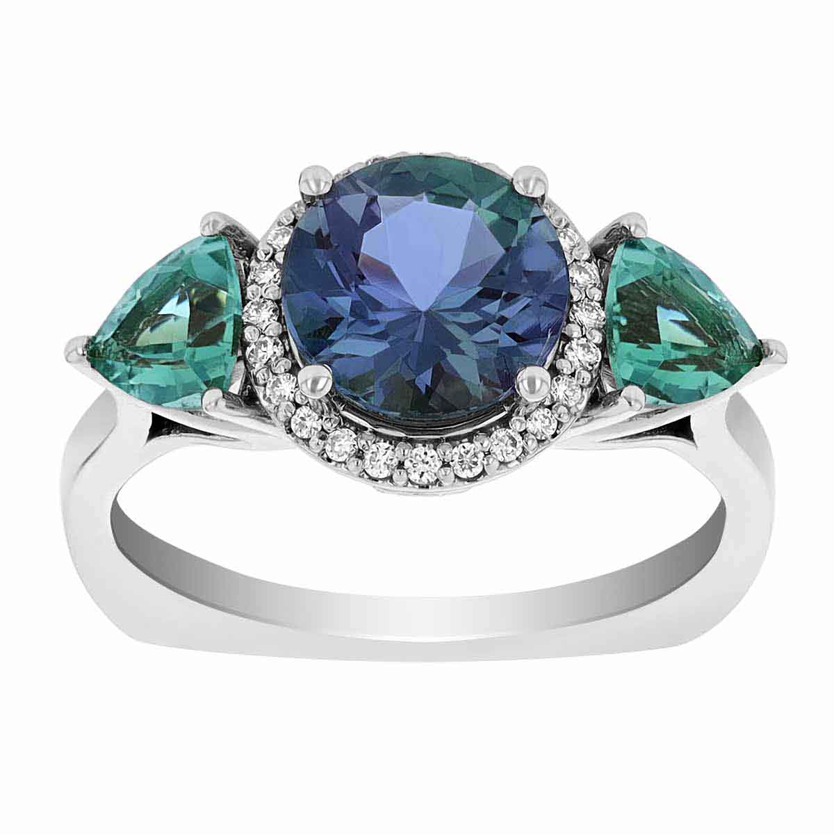 Zoisite, Tourmaline, & Diamond Halo 3 Stone Ring in White Gold