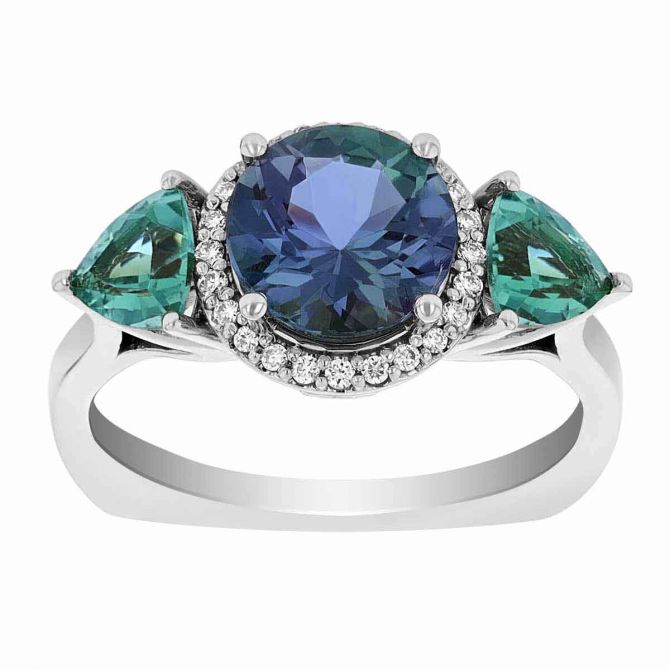 Zoisite, Tourmaline, & Diamond Halo 3 Stone Ring in White Gold