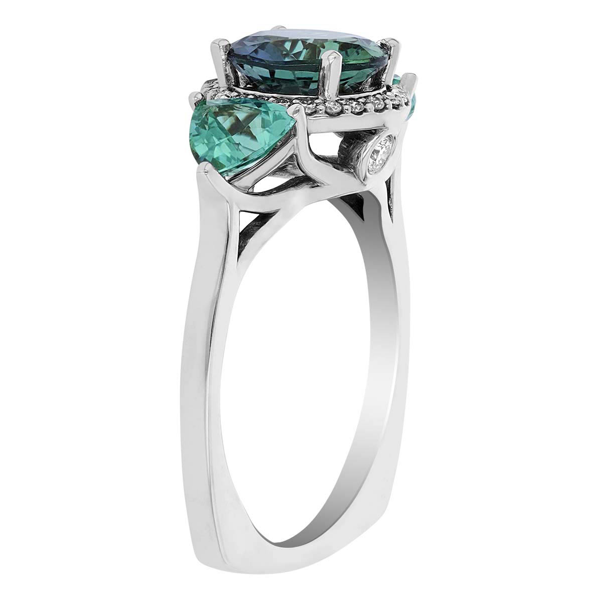 Zoisite, Tourmaline, & Diamond Halo 3 Stone Ring in White Gold