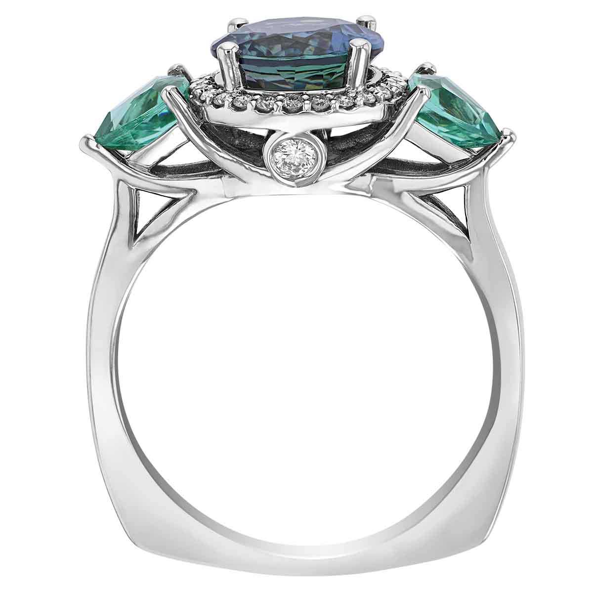 Zoisite, Tourmaline, & Diamond Halo 3 Stone Ring in White Gold