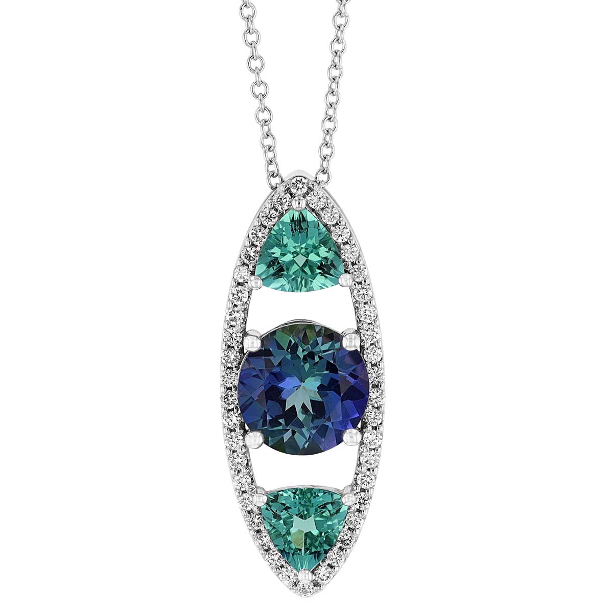 Zoisite, Tourmaline, & Diamond Open Navette Shaped Pendant in White Gold