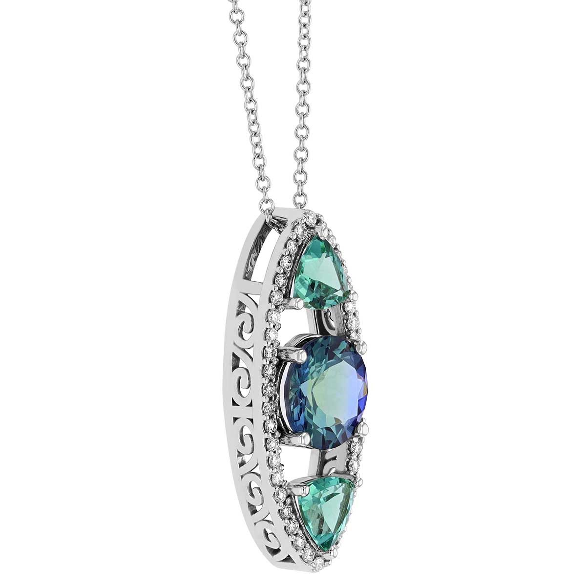Zoisite, Tourmaline, & Diamond Open Navette Shaped Pendant in White Gold