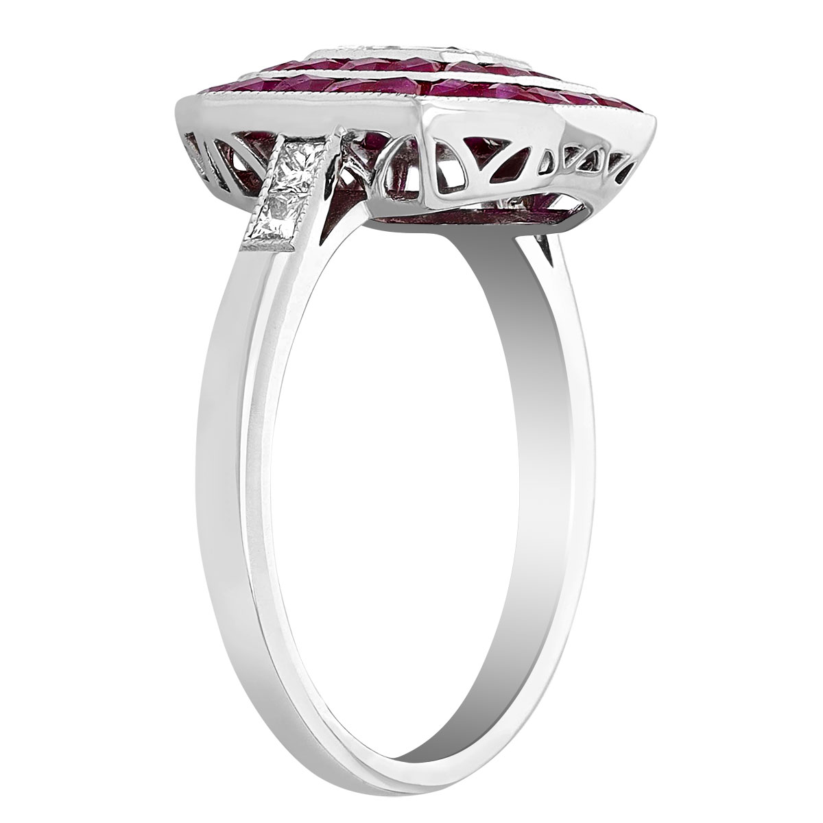 Diamond & Ruby Double Frame Octagon Ring in White Gold with Diamond Sides