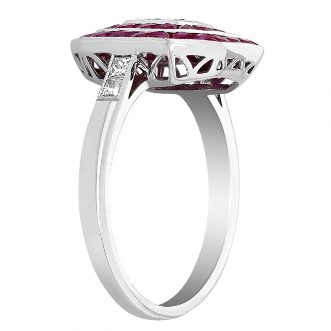 Diamond Ruby Double Frame Octagon Ring in White Gold with