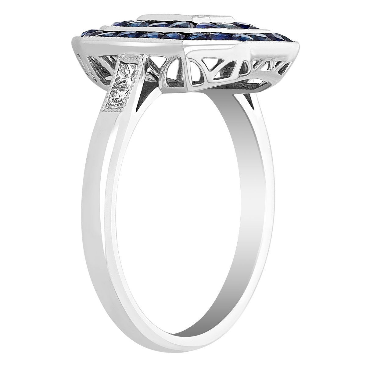 Diamond & Sapphire Double Frame Octagon Ring in White Gold with Diamond Sides