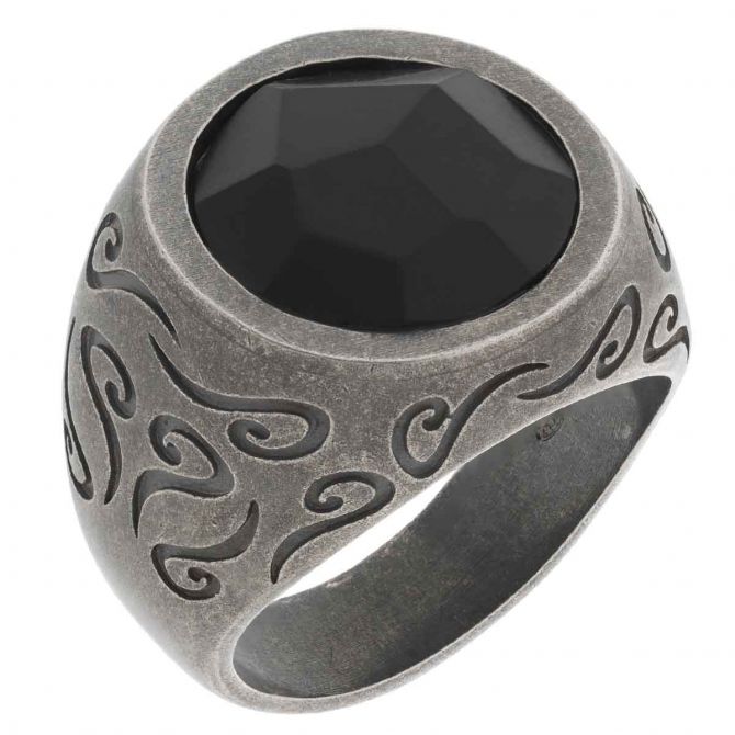 Marco Dal Maso Ara Engraved Silver Ring with Round Polished Onyx Stone