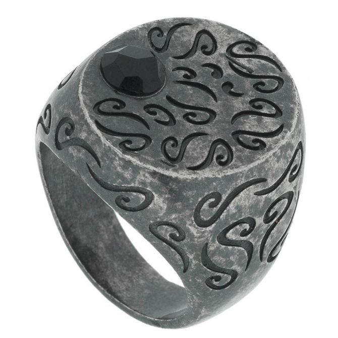 Marco Dal Maso Ara Engraved Silver Ring with Offset Onyx Stone