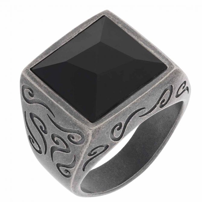 Marco Dal Maso Ara Engraved Silver Ring with Square Onyx Stone