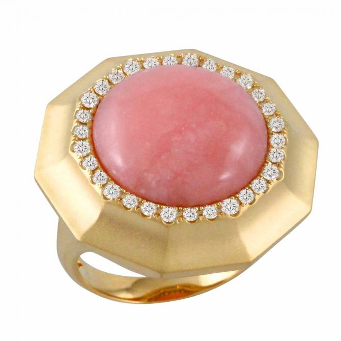 Doves Dahlia Pink Opal Cocktail Ring with Diamond Halo in Satin Yellow Gold