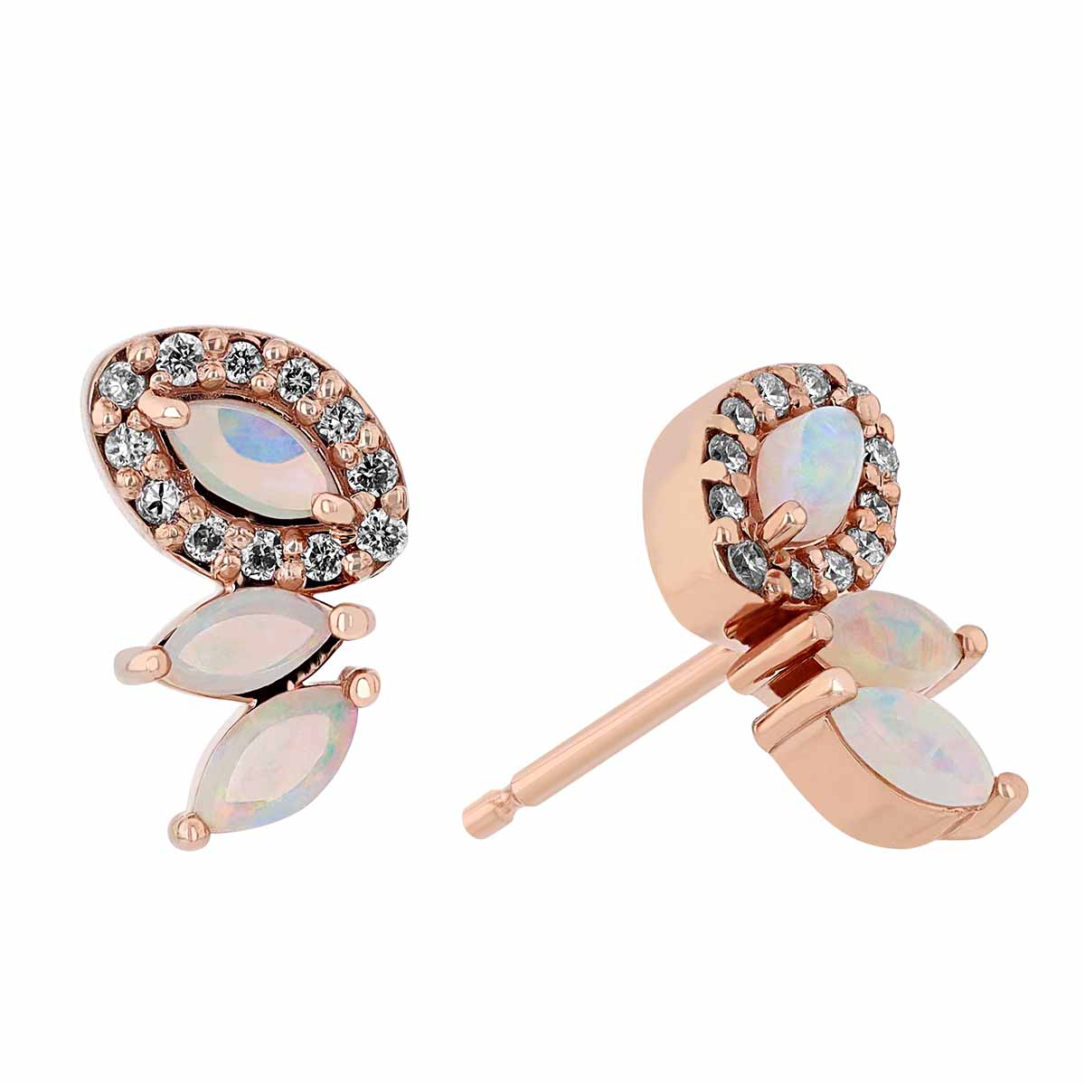 White Opal & Diamond Halo Marquise Shaped Stud Earrings in Rose Gold