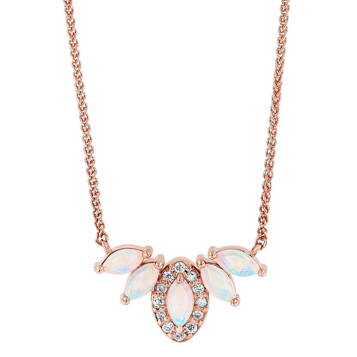 White Opal & Diamond Halo Marquise Shaped Tiara Necklace in Rose Gold, 18