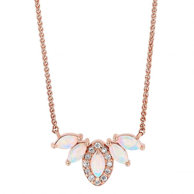 White Opal & Diamond Halo Marquise Shaped Tiara Necklace in Rose Gold, 18"