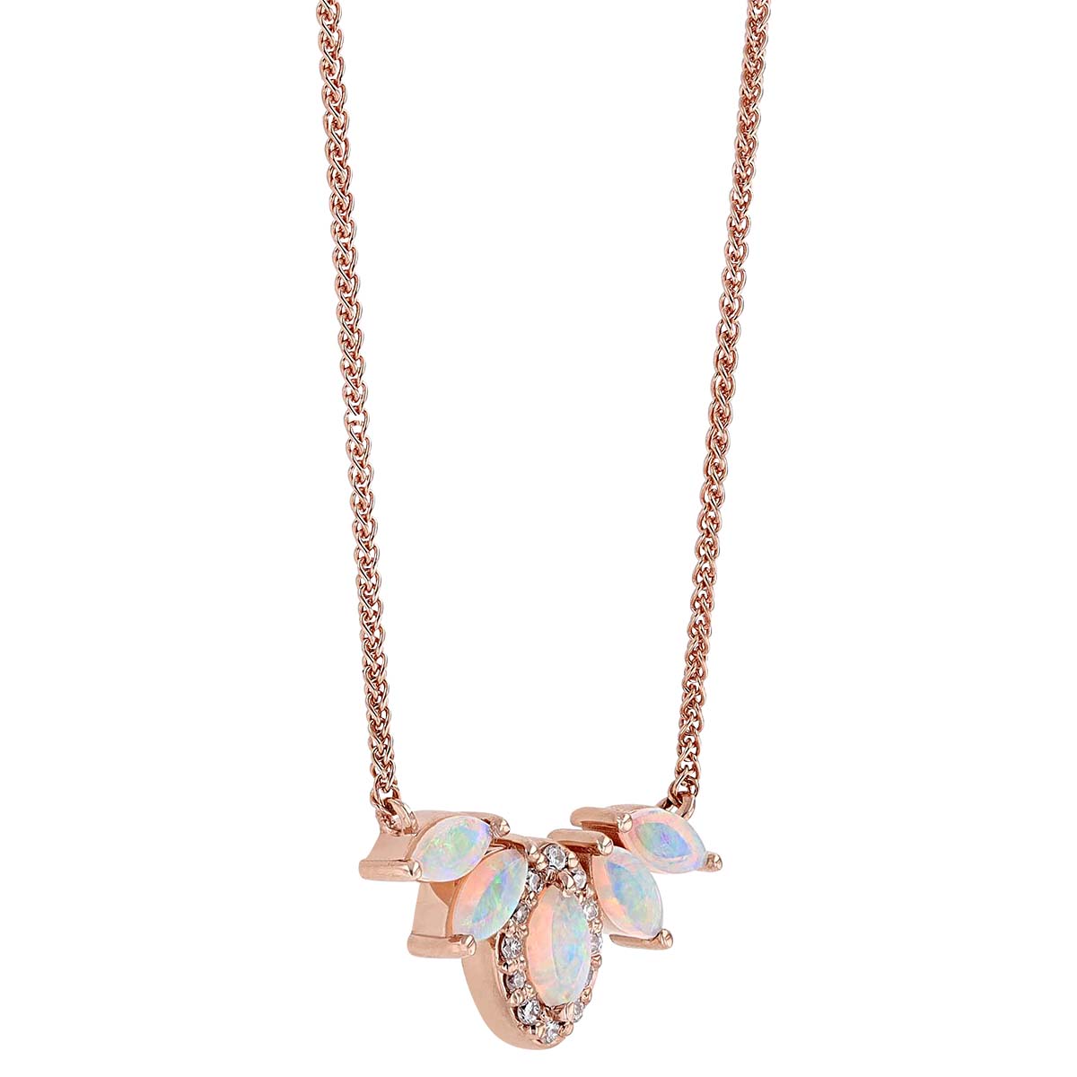 White Opal & Diamond Halo Marquise Shaped Tiara Necklace in Rose Gold, 18