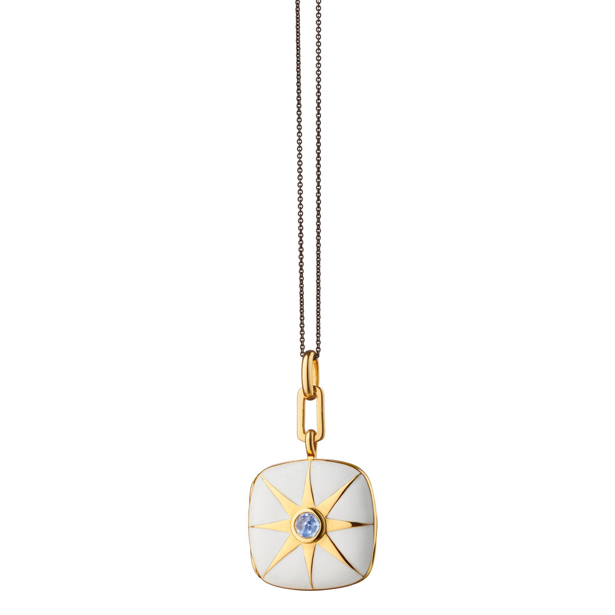 Monica Rich Kosann White Enamel Cushion Locket with Sapphire in Yellow Gold Vermeil, 17