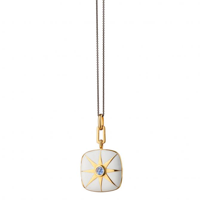 Monica Rich Kosann White Enamel Cushion Locket with Sapphire in Yellow Gold Vermeil, 17"