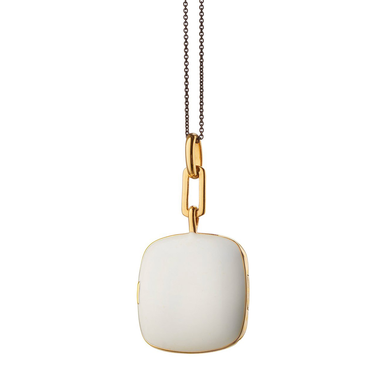 Monica Rich Kosann White Enamel Cushion Locket with Sapphire in Yellow Gold Vermeil, 17