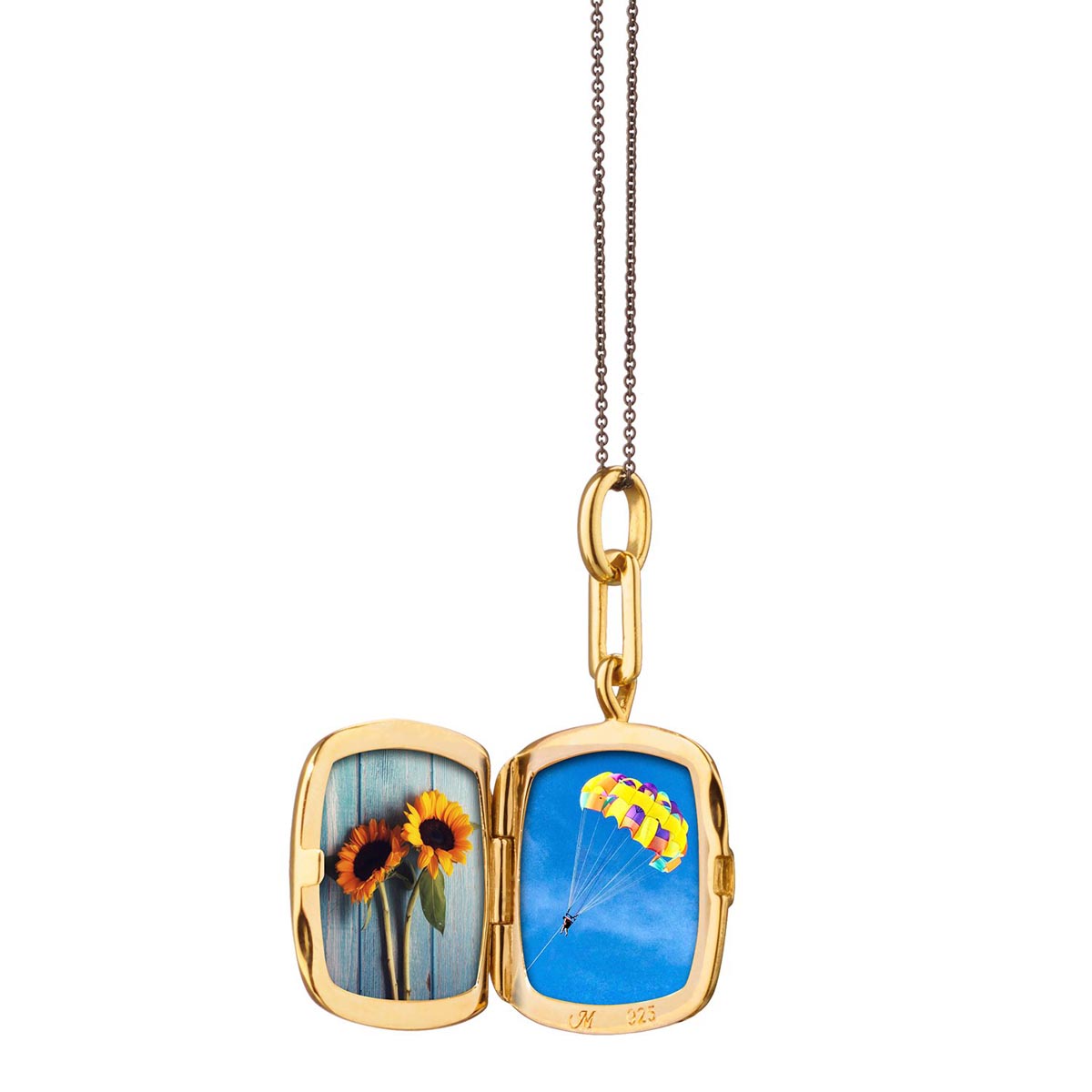 Monica Rich Kosann White Enamel Cushion Locket with Sapphire in Yellow Gold Vermeil, 17