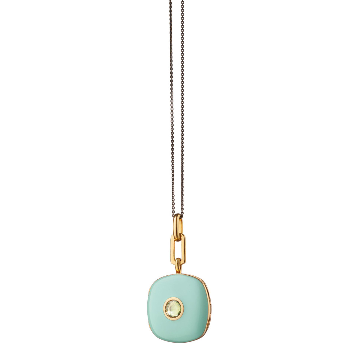 Monica Rich Kosann Green Enamel Cushion Locket with Green Sapphire in Yellow Gold Vermeil, 17