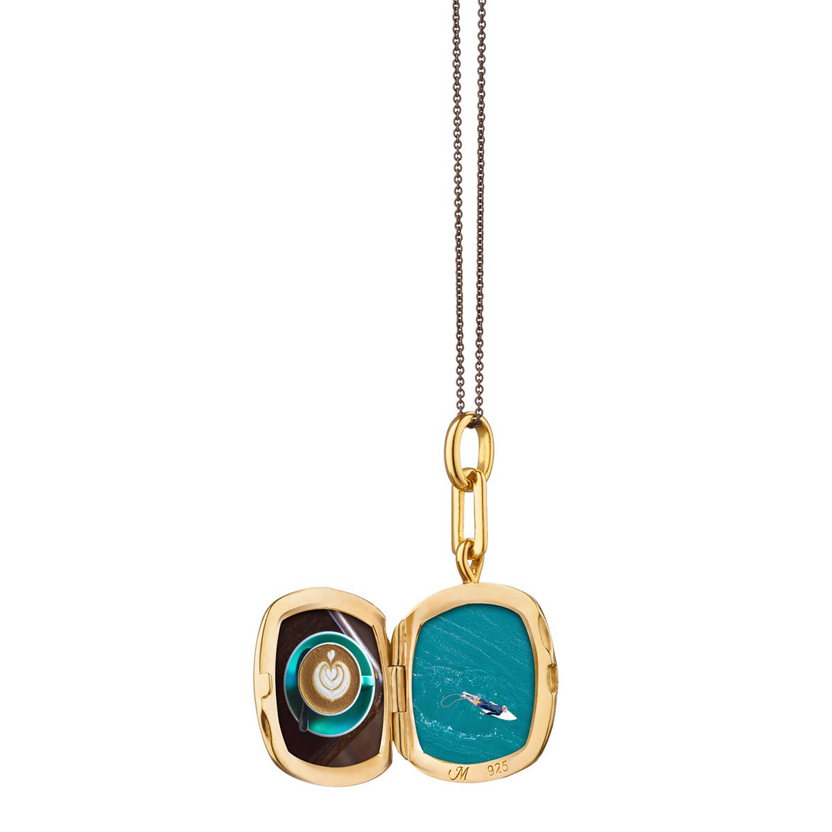 Monica Rich Kosann Green Enamel Cushion Locket with Green Sapphire in Yellow Gold Vermeil, 17