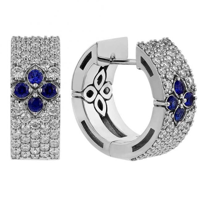 Roberto Coin Love in Verona Diamond Pavé & Sapphire Small Hoop Earrings in 18K White Gold