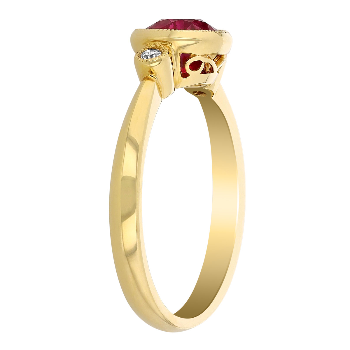 Round Ruby & Diamond 3 Stone Ring with Milgrain in Yellow Gold