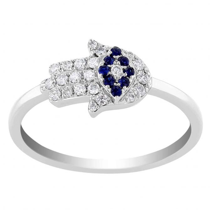 Sapphire & Diamond Pavé Hamsa Ring in White Gold